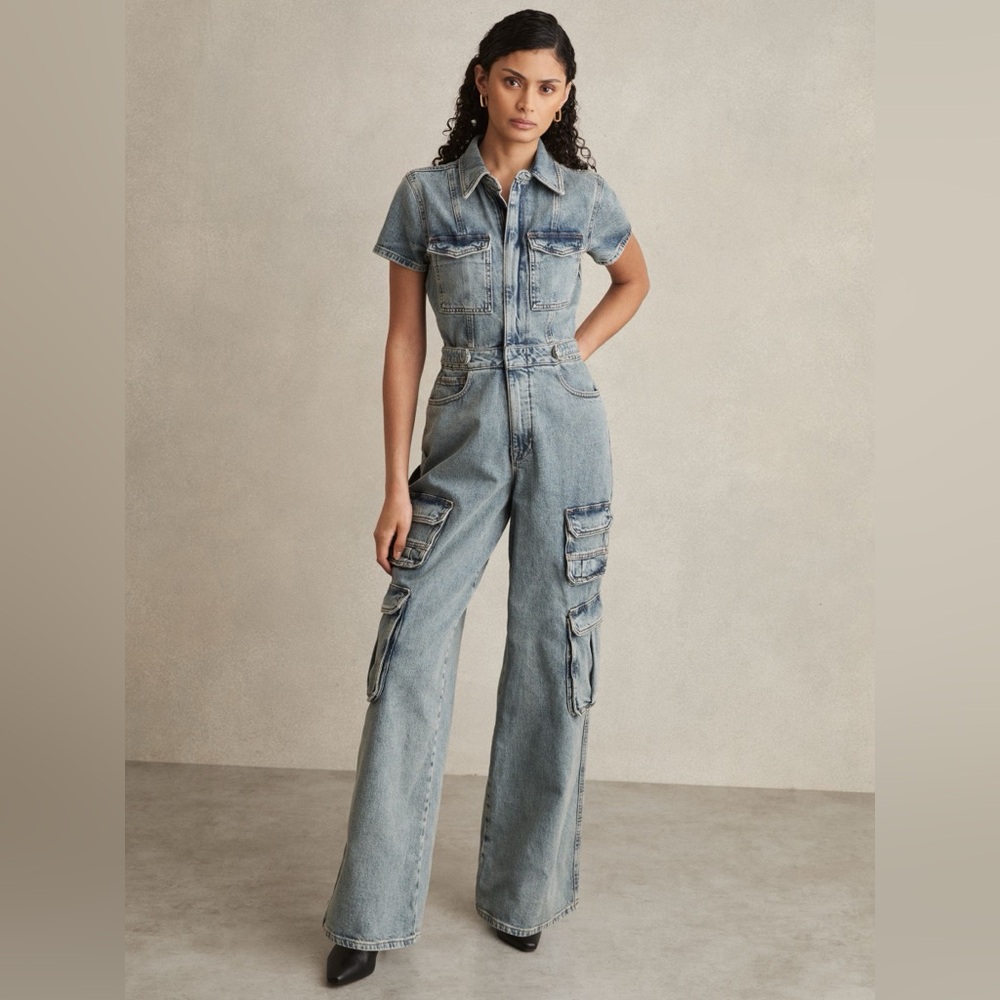 Good American Light Wash Denim Utility Jumpsuit